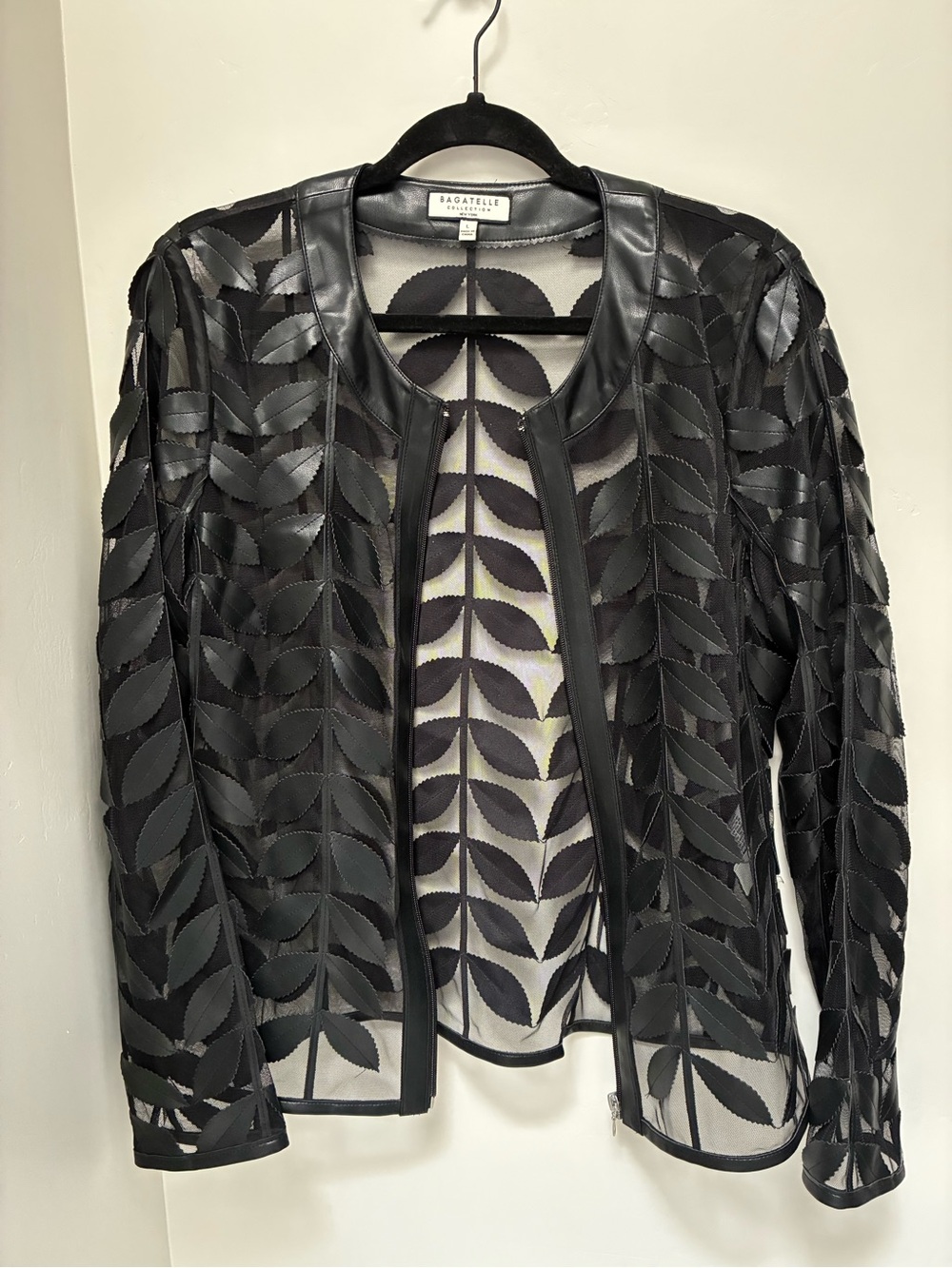 Bagatelle Black Sheer Leaf-Overlay Open Front Jacket